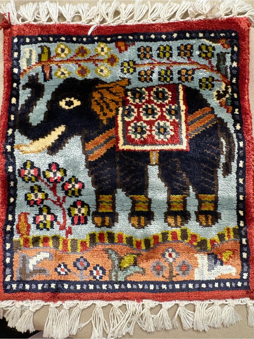 Asian Miniature rug. 11.5”x15” w/tassels